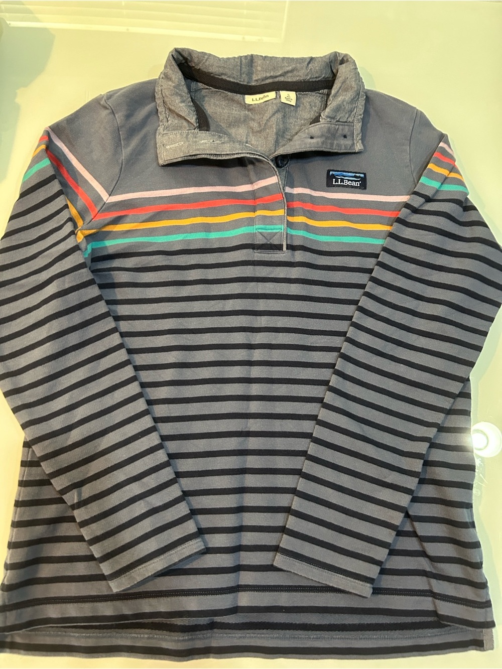 L.L. Bean women’s Gray Striped Quarter-button top Multicolor Accents denimcollar
